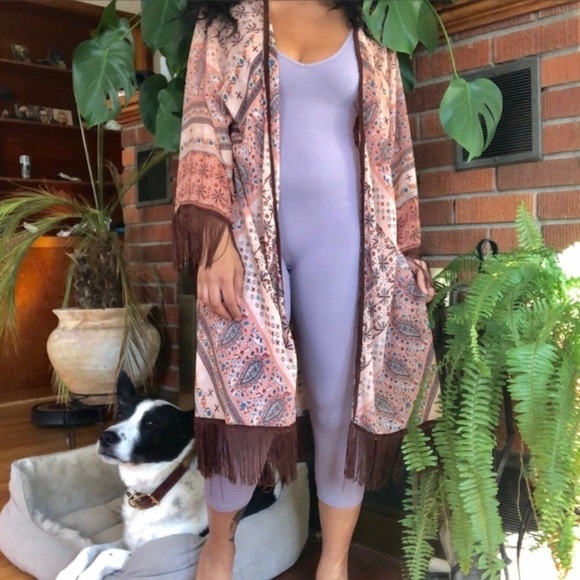 Sheer Fridge Print Boho Kimono - Picture 1 of 6